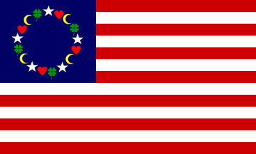 [Like the Betsy Ross US flag but with white stars, red hearts, yellow moons and green clovers in a circle.]